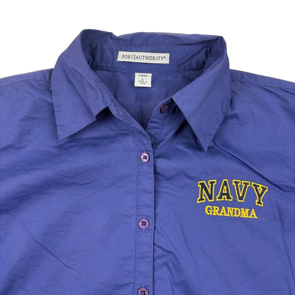 Navy Midshipmen Grandma Button Up Shirt Womens L Dark Blue Long Sleeve Flaw